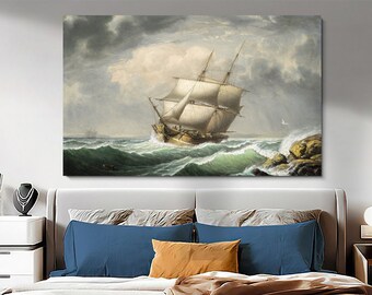 Vintage Nautical Ship Canvas Art: Maine Coast Seascape Print