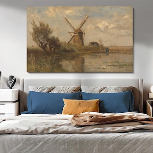Dutch Windmill Wall Art, Vintage Landscape Print, Gift for Home, Farmhouse Poster, Mill Painting Artwork, Holland Countryside Wall Decor