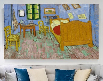 May include: A painting of a bedroom with a wooden bed, two chairs, and a table. The walls are blue and the floor is a light green and brown. The painting is in the style of Vincent van Gogh.