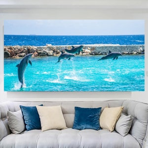 Niedliche Delfine Wandkunst, Tier Poster, moderne Wanddekoration, Delfin Druck, Unterwasserwelt, Wohnzimmer Kunst, Tier Fan Geschenk, Ozean Kunst