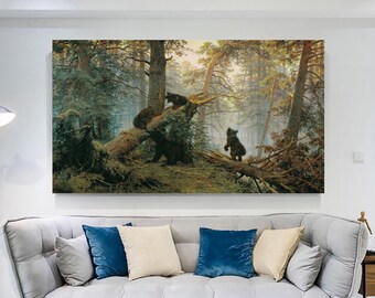 Bears in Pine Forest Canvas Art: Vintage Animal Painting