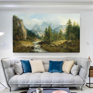 Eduard Boehm - Paisaje de montaña con figuras decorativas Arte de pared, Lienzo de chalet, Cartel del bosque, Paisaje de montaña, Regalo de inauguración de la casa