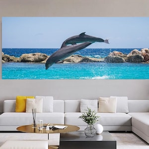 Springende Delfine Wandkunst, Tier Poster, Moderne Wanddekoration, Delfin Druck, Unterwasserwelt, Wohnzimmer Kunst, Tier Fan Geschenk, Ozean Kunst