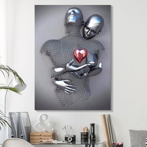 Liebe Herz Paar Leinwand, Wiedervereinigung der Liebenden Malerei, Umarmendes Paar Poster, Herz Kunstdruck, 3D-Effekt Kunst, Liebe Herz Wandkunst, Geschenk Zuhause