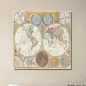 Mapa del mundo en hemisferios, arte mural de Geographicus, lienzo de mapa antiguo, impresión de mapa de Samuel Dunn de 1794, póster de mapa antiguo, arte de mapa del Viejo Mundo