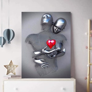 Love Heart Couple Canvas, Reunion of Lovers Painting, Hugging Couple Poster, Heart Art Print, 3D Effect Art, Love Heart Wall Art, Gift Home
