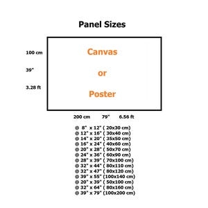 Op de afbeelding: Een grafiek met verschillende formaten voor canvas- of posterprints. De grafiek geeft de formaten in inches en centimeters weer. De grootste maat is 39 inch bij 79 inch, of 100 centimeter bij 200 centimeter.