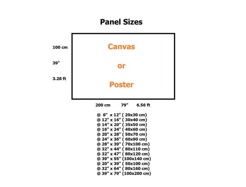 Op de afbeelding: Een grafiek met verschillende formaten voor canvas- of posterprints. De grafiek geeft de formaten in inches en centimeters weer. De grootste maat is 39 inch bij 79 inch, of 100 centimeter bij 200 centimeter.