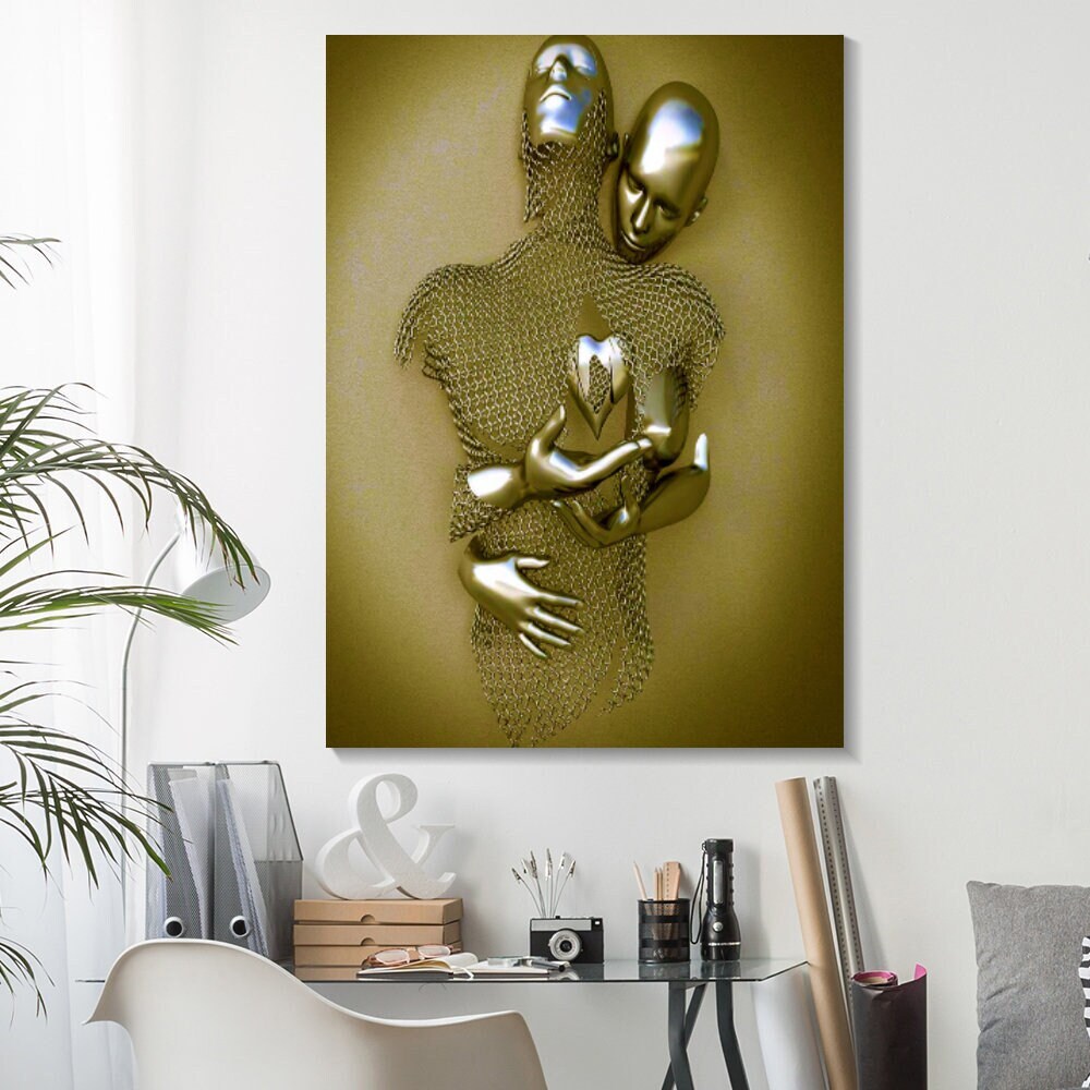 Gold and Silver Canvas, Reunion of Lovers Painting, Hugging Couple Wall Design, Heart Gold Art, 3D Effect Art, Canvas Love Heart Wall Art