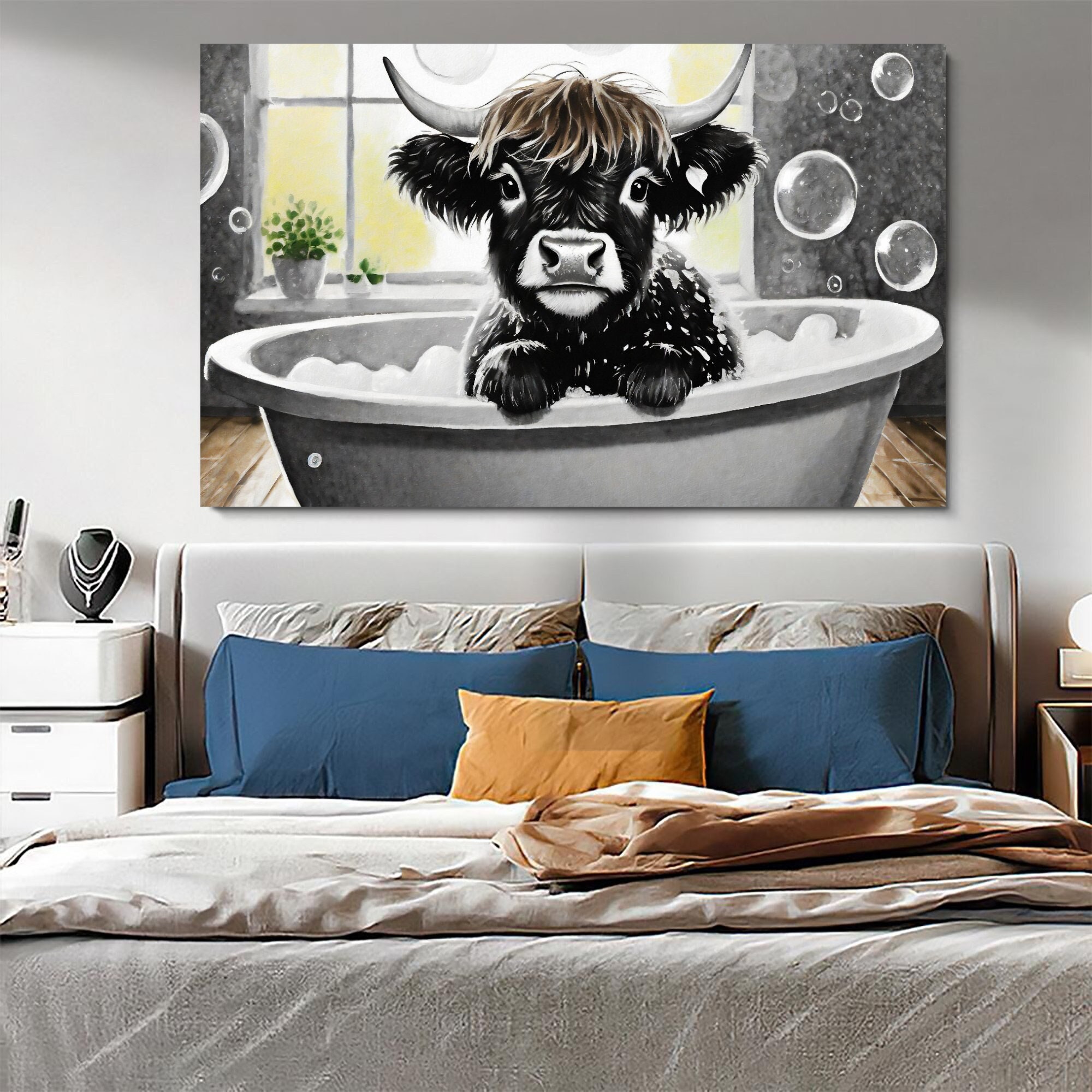 Stampa Su Tela Con Mucca Delle Highlands In Bianco E Nero - Quadro Decorativo Per Bagno, Cameretta O Soggiorno - Cornice Nera 20x25 Cm