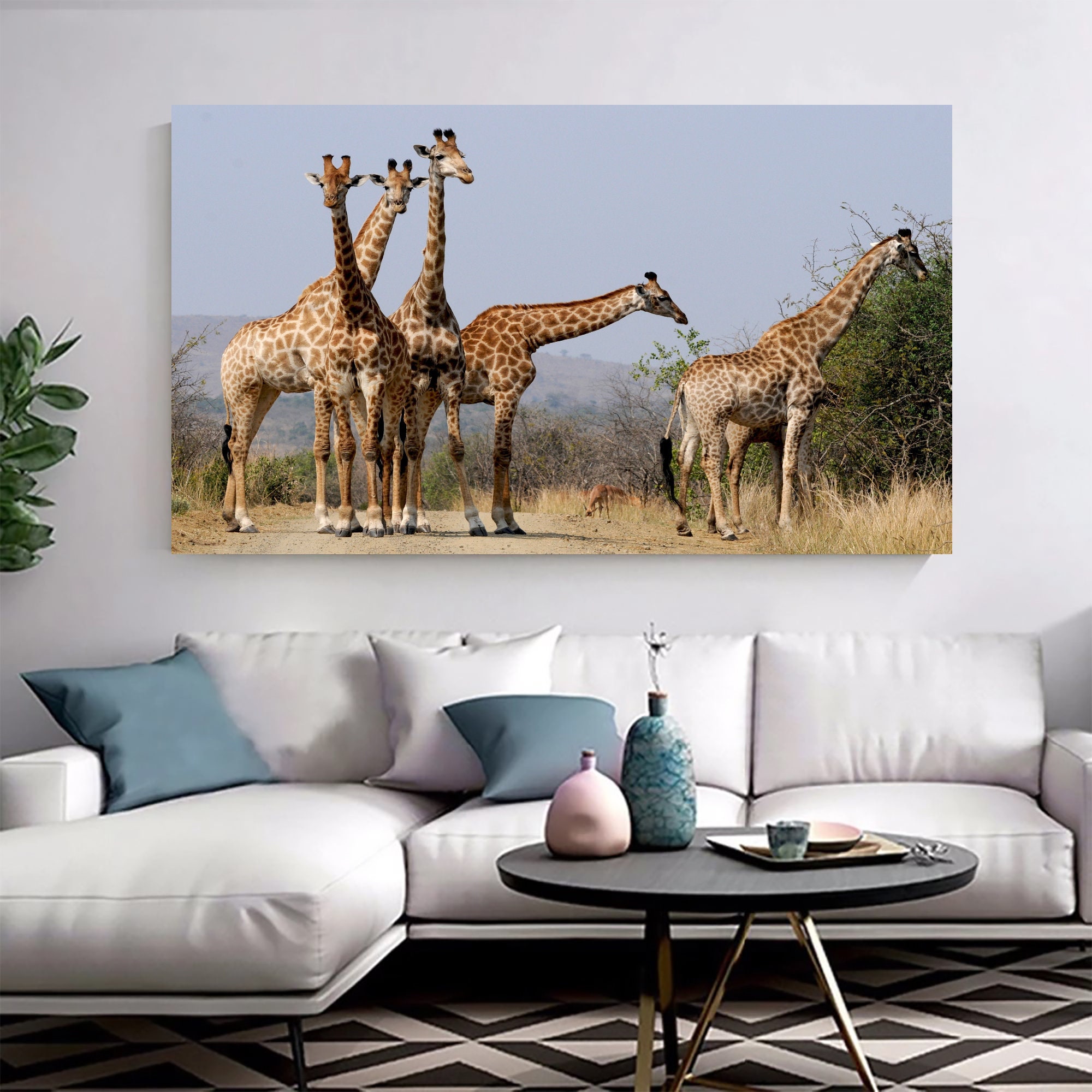 Giraffe Family Canvas Art: Wildlife Animal Portrait, Large Wall Decor ...