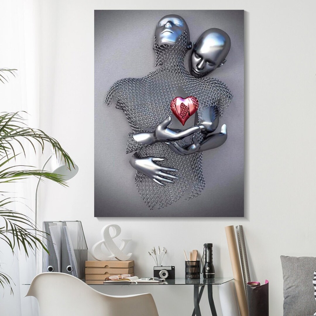 抱き合うカップルのキャンバス：3Dラブハートアートプリント - Etsy 日本