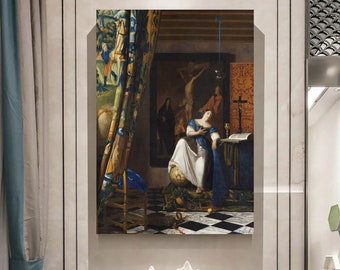 May include: A painting depicting a woman in a blue and white dress sitting on a globe, with a cross and a chalice on a table behind her. The scene is set in a room with a checkered floor and a tapestry hanging on the wall.