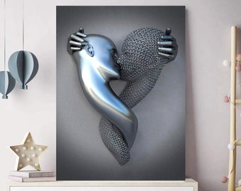 Canvaskunst Hugging Lovers: 3D-effect muurdecoratie kussend paar