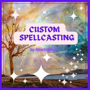 以下が含まれることがあります： 星空のデジタルイラスト。前景には一本の木が立っている。画像に「CUSTOM SPELLCASTING by AlluringFlow」というテキストが重ねられている。