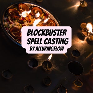 Puede incluir: Primer plano de una bandeja de plata con pequeños cuencos de arcilla llenos de velas encendidas y pétalos de flores. El texto "BLOCKBUSTER SPELL CASTING BY ALLURINGFLOW" está escrito en rosa sobre un fondo blanco.