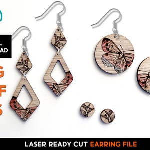 May include: Laser cut wooden earrings featuring a butterfly design. The earrings are available in three styles: a pair of diamond-shaped earrings with a butterfly design, a pair of round earrings with a butterfly design, and a pair of small round stud earrings with a butterfly design.