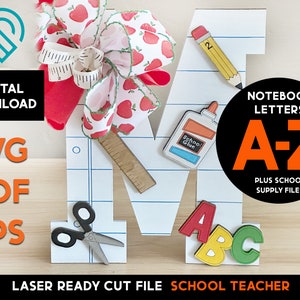 Colgador de puerta de papel para cuaderno de escuela de profesores - Letras del alfabeto A-Z - Archivo SVG cortado con láser - Glowforge Ready - Útiles escolares - Cortar y puntuar