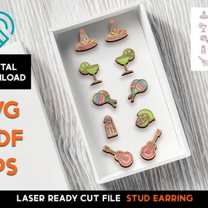 Boucles d'oreilles Fiesta Cinco De Mayo Stud - Fichier SVG découpé au laser - Modèle de bijoux Glowforge TÉLÉCHARGEMENT NUMÉRIQUE - Mexique, Piñata, Dia de los muertos