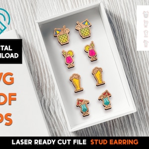 Happy Hour Stud Earring Set - Laser Cut SVG-bestand - Glowforge Ready - Sieraden sjabloon - Cocktail, Pina Colada drankjes