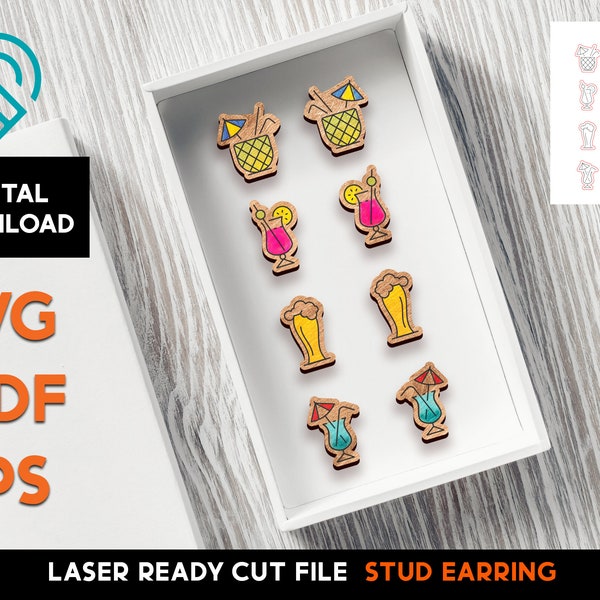 Happy Hour Stud Earring Set - Laser Cut SVG File - Glowforge Ready - Jewelry Template - Cocktail, Pina Colada drinks