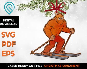 Skiing Bigfoot Christmas Ornament SVG Laser Cut File (Digital Download)