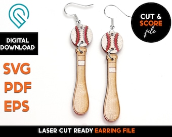 May include: Laser cut ready earring file for crafting. The earrings feature a baseball and a wooden baseball bat design. The file is available in SVG, PDF, and EPS formats.
