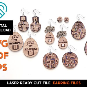 Boekenplank Reading Earring MEGA Set - Laser Wood Cut SVG File - Glowforge Ready - Sieraden Template - Bibliotheek, Leraar, Lezen, ik lees