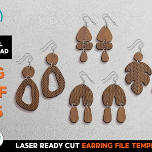 May include: Laser cut earring templates with geometric and leaf designs. The earrings are made of wood and have a brown color. The templates are ready to be cut with a laser cutter.  SVG, PDF, and EPS file formats are included.