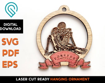 May include: A wooden laser cut ornament featuring a skeleton couple embracing with the text "Forever 'til death do us part" on a red ribbon.