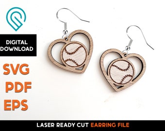 Baseball Heart - Sport Ball Earrings - Laser Cut SVG File - Glowforge Ready - Jewelry Template - Love, Car Charm, Bag Tag, Softball