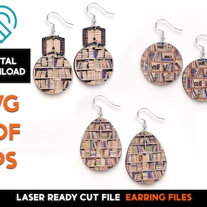 Juego de pendientes de estante de libros 3 - Archivo SVG cortado en madera con láser - Glowforge Ready - Plantilla de joyería - Biblioteca, Profesor, Lectura, Amante de los libros