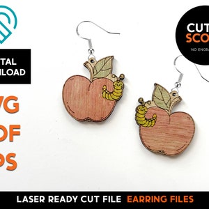 May include: A pair of laser cut wooden earrings shaped like apples with a worm on each. The earrings are a light brown color with a red apple and a yellow worm. The earrings are ready to be assembled and are for sale as a digital download.