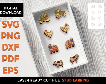 Farmer Stud Earring Set - Laser Cut SVG File - Glowforge Ready - Jewelry Template - tractor, down, hen, chicken