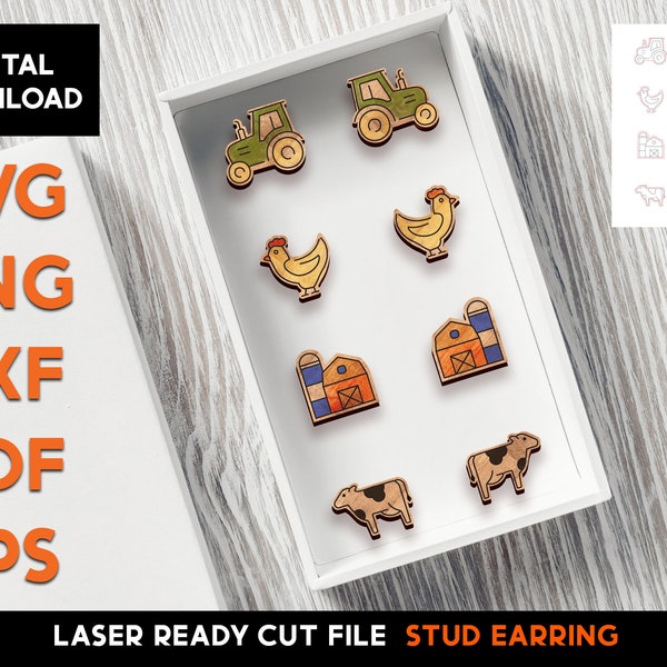 Farmer Stud Earring Set - Laser Cut SVG File - Glowforge Ready - Jewelry Template - tractor, down, hen, chicken