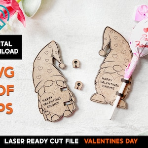 Karta na lizaka w kształcie krasnala walentynkowego - plik do cięcia laserowego SVG - Glowforge Ready - Gnomy Gnomy Walentynki