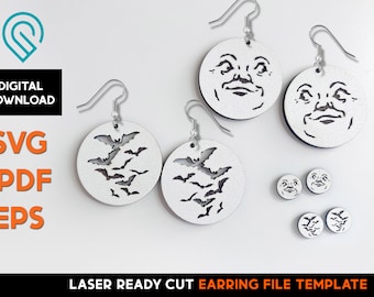 Halloween Moon Bat Earring Set: Laser Cut SVG Template (Digital Download)