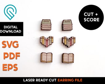 Books Stud Earring Set - Laser Cut SVG File - Glowforge Ready - Jewelry Template - Back to school, Teacher,  Story, reading