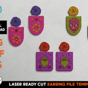 Boucles d'oreilles Fiesta Cinco De Mayo - Fichier SVG découpé au laser - Glowforge - Modèle de bijoux - TÉLÉCHARGEMENT NUMÉRIQUE - Mexique, Piñata, Dia de los muertos
