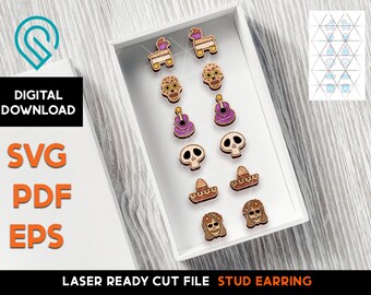 May include: A set of 12 laser cut stud earrings featuring various designs, including a skull, a guitar, a sombrero, and a llama. The earrings are made of wood and are ready to be assembled.