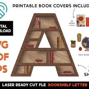 A - Letra inicial - Estante de libros en miniatura DIY - Archivo de corte SVG láser de madera – Glowforge Ready – Alfabeto, Casa de muñecas, Lectura, Libros, Librería