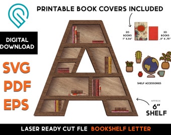 A - Initial Letter - Miniature Book Shelf DIY - Wood Laser SVG Cut File – Glowforge Ready – Alphabet, Dollhouse, Reading, Books, Bookcase