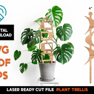 May include: Laser cut plant trellis made of wood. The trellis is 18 inches tall and 4 inches wide. It features a geometric design with a series of rectangular openings. The trellis is shown in front of a potted plant.
