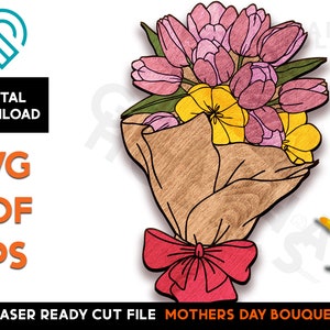 Buquê de Dia das Mães - Arquivo de modelo SVG de corte a laser de madeira - Arquivo colorido DIY - Download digital