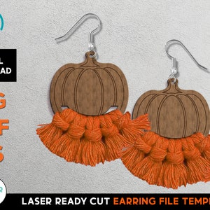 May include: Laser cut pumpkin earring template with a brown pumpkin and orange tassel.  The template is ready to be cut on a laser cutter.  SVG, PDF, and EPS file formats are included.