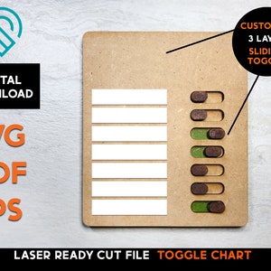 Può includere: Un grafico a levetta in legno tagliato al laser con 3 strati di leve scorrevoli. Il grafico ha 6 righe di spazi vuoti per scrivere. Il grafico è etichettato "CUSTOMIZE 3 LAYER SLIDING TOGGLE" e "LASER READY CUT FILE TOGGLE CHART".
