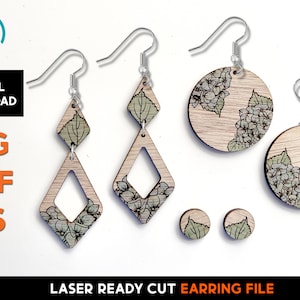 May include: Laser cut wooden earrings with a floral design. The earrings are available in three styles: a pair of round earrings, a pair of diamond-shaped earrings, and a pair of small round stud earrings.