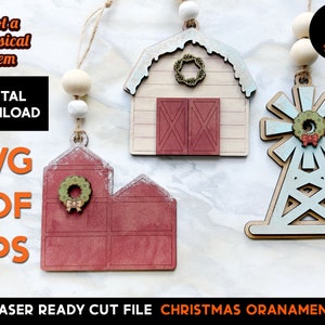 Farm Christmas Ornament SVG Laser Cut File: Barn, Rooster, Wind Vane (Digital Download)