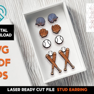 May include: A set of baseball-themed stud earrings. The earrings feature a baseball, bat, glove, and helmet. The earrings are laser cut and ready to be used.