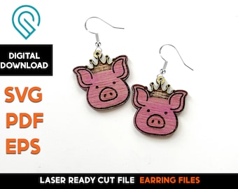 Pig Tiara Earring Template 1 - Laser Cut SVG File - Glowforge Ready - Jewelry Template - Piggy, Princess, Queen